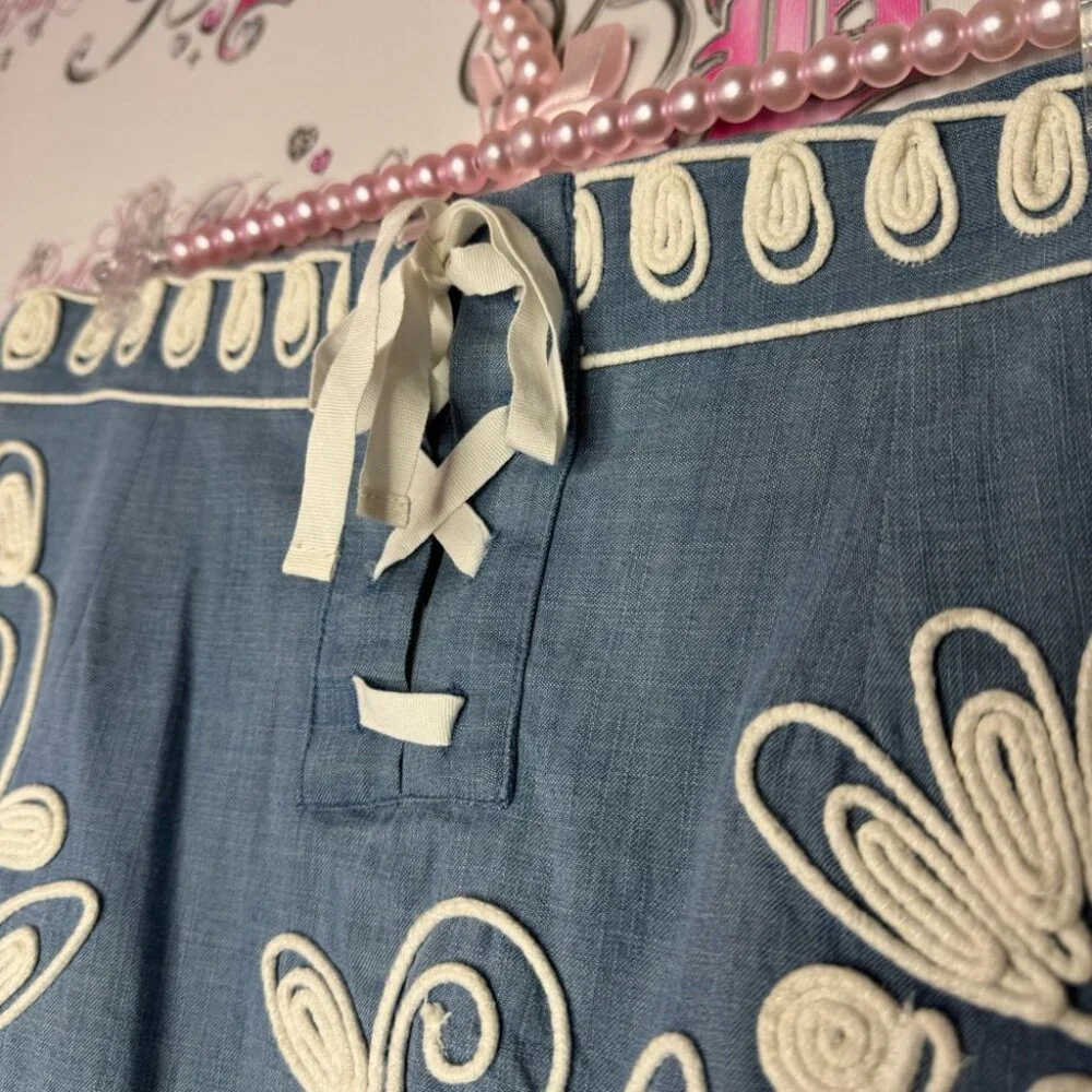 River woods skirt corset lace up tie ribbon embroidered floral flowers denim - Picture 10 of 13